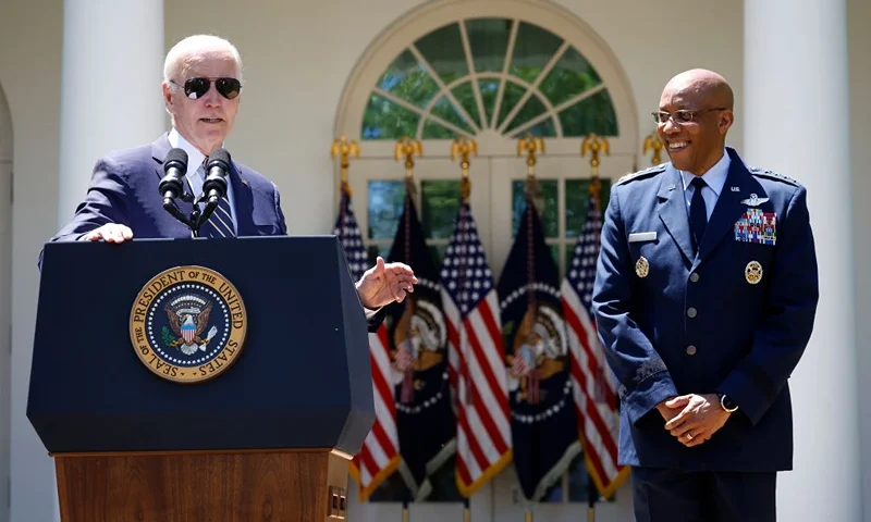 WASHINGTON, DC - MAY 25: U.S. President Joe Biden announces his intent to nominate Gen. Charles Q. Brown, Jr. to serve as the next Chairman of the Joint Chiefs of Staff during an event in the Rose Garden of the White House May 25, 2023 in Washington, DC. Brown is currently serving as the U.S. Air Force Chief of Staff. If confirmed by the Senate, Brown would be the second African-American man, after Colin Powell, to hold the position of Chairman of the Joint Chiefs of Staff, the most senior military adviser to the president. (Photo by Kevin Dietsch/Getty Images)