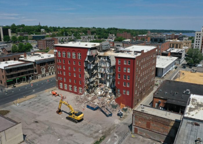 An aerial view shows a portion of a six-story apartment building after yesterday's collapse on May 29, 2023 in Davenport, Iowa. Eight people were rescued from the debris following the collapse which occurred yesterday afternoon. (Photo by Scott Olson/Getty Images)