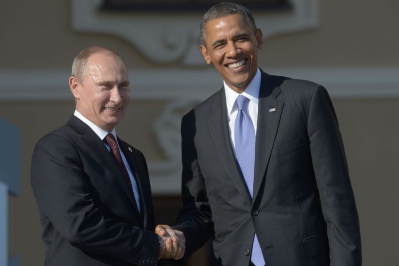 SAINT PETERSBURG - SEPTEMBER 05: In this handout image provided by Host Photo Agency, Russian President Vladimir Putin (L) greets US President Barack Obama during an official welcome of G20 heads of state and government, heads of invited states and international organizations at the G20 summit on September 5, 2013 in St. Petersburg, Russia. The G20 summit is expected to be dominated by the issue of military action in Syria while issues surrounding the global economy, including tax avoidance by multinationals, will also be discussed during the two-day summit. (Photo by Guneev Sergey/Host Photo Agency via Getty Images)