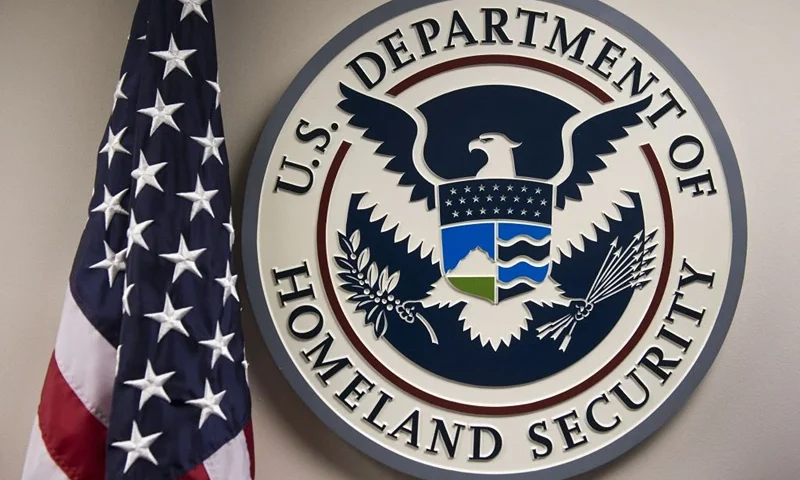 The seal of the US Department of Homeland Security is seen at the National Cybersecurity and Communications Integration Center in Arlington, Virginia, January 13, 2015. AFP PHOTO / SAUL LOEB (Photo by SAUL LOEB / AFP) (Photo by SAUL LOEB/AFP via Getty Images)
