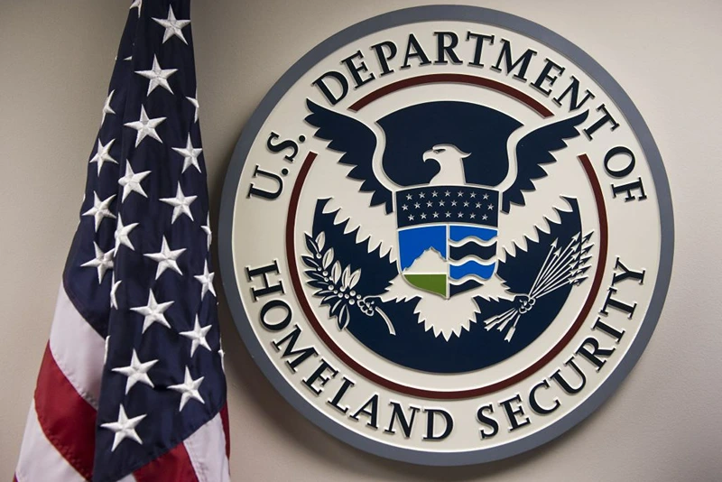The seal of the US Department of Homeland Security is seen at the National Cybersecurity and Communications Integration Center in Arlington, Virginia, January 13, 2015. AFP PHOTO / SAUL LOEB (Photo by SAUL LOEB / AFP) (Photo by SAUL LOEB/AFP via Getty Images)