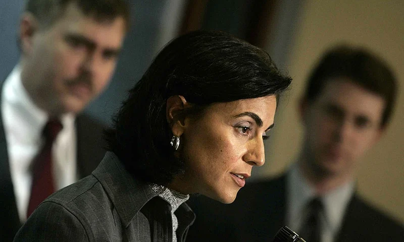 WASHINGTON - JULY 8: Former FBI translator and whistle-blower, Sibel Edmonds, speaks as her lawyers, Roy Krieger (L) and Mark Zaid (R), stand nearby during a media conference at the National Press Club July 8, 2004 in Washington, DC. Edmonds challenged her termination from the FBI and had her lawsuit dismissed from U.S. District Court after a States Secrets Privilege was invoked. (Photo by Brendan Smialowski/Getty Images)