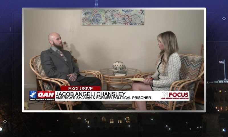 Video still from Jacob Angeli Chansley's interview with In Focus on One America News Network
