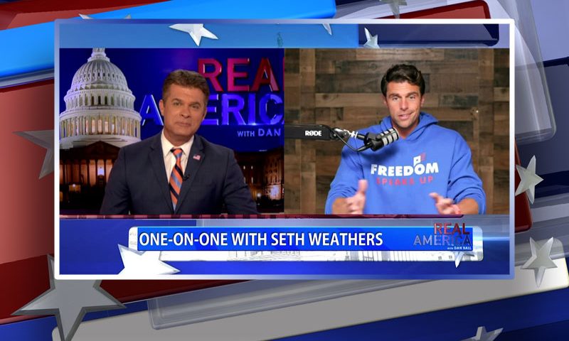 Video still from Seth Weathers' interview with Real America on One America News Network