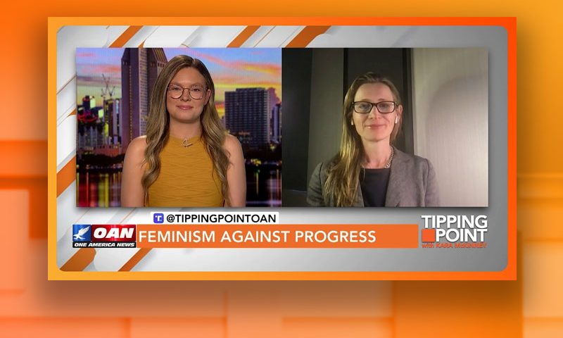 Video still from Mary Harrington's interview with Tipping Point on One America News Network