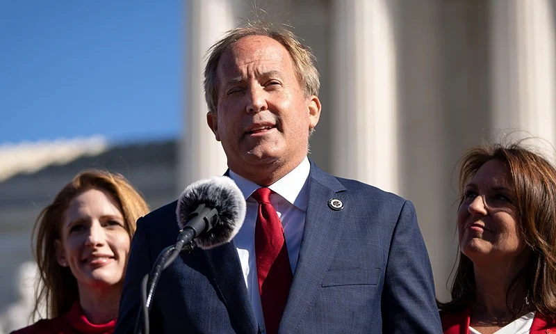 WASHINGTON, DC - NOVEMBER 01: Texas Attorney General Ken Paxton speaks outside the U.S. Supreme Court on November 01, 2021 in Washington, DC. On Monday, the Supreme Court heard arguments in a challenge to the controversial Texas abortion law which bans abortions after 6 weeks. (Photo by Drew Angerer/Getty Images)