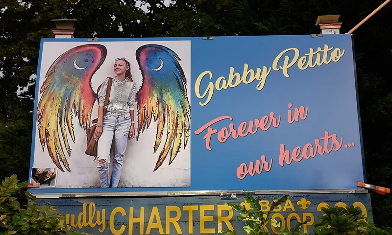 BLUE POINT, NY - SEPTEMBER 24: A sign honors the death of Gabby Petito on September 24, 2021 in Blue Point, New York. Gabby Petito's hometown of Blue Point put out candles along main streets and in driveways to honor the teenager who has riveted the nation since the details of her death became known. (Photo by Stephanie Keith/Getty Images)
