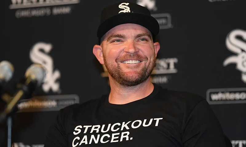 CHICAGO, ILLINOIS - MAY 03: Liam Hendriks #31 of the Chicago White Sox takes questions from reporters before the game against the Tampa Bay Rays at Guaranteed Rate Field on May 03, 2023 in Chicago, Illinois. Hendriks spoke publicly for the first time about his battle with non-Hodgkin’s lymphoma and his return to the White Sox. (Photo by Quinn Harris/Getty Images)