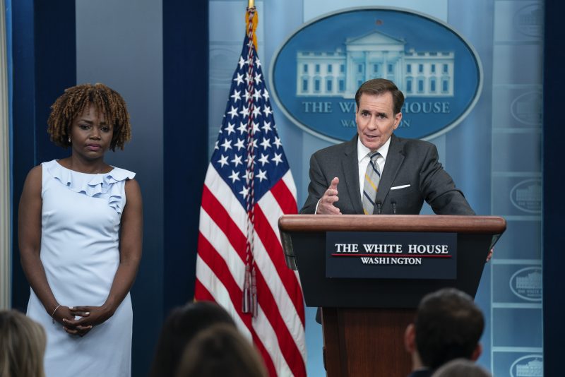 White House press secretary Karine Jean-Pierre listens as National Security Council spokesman John Kirby speaks during a press briefing at the White House, Friday, June 23, 2023, in Washington. (AP Photo/Evan Vucci)