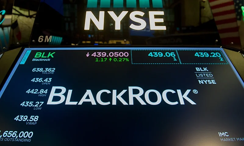 The trading symbol for BlackRock is displayed at the closing bell of the Dow Industrial Average at the New York Stock Exchange on July 14, 2017 in New York. (Photo by Bryan R. Smith / AFP) (Photo by BRYAN R. SMITH/AFP via Getty Images)