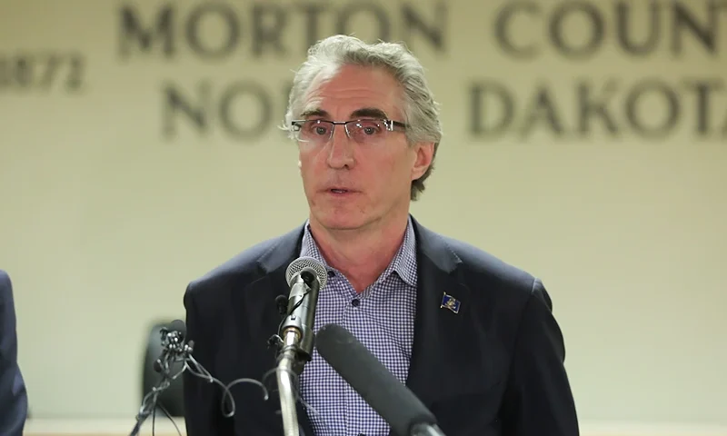 CANNON BALL, ND - FEBRUARY 22: North Dakota Governor Doug Burgum speaks during a press conference announcing plans for the clean up of the Oceti Sakowin protest camp on February 22, 2017 in Mandan, North Dakota. Protesters and campers against the DAPL pipeline, at times numbering in the thousands, are now down to under a hundred. (Photo by Stephen Yang/Getty Images)