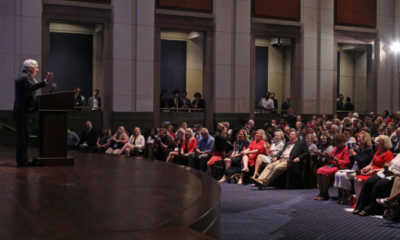 Senate Majority Leader Mitch McConnell (R-KY) addresses the Faith and Freedom Coalition's Road to Majority Policy Conference at the U.S. Capitol Visitor's Center Auditorium June 27, 2019 in Washington, DC. Created as a bridge between conservative Tea Party movement and evangelical voters, the Faith and Freedom Coalition was founded by Christian conservative activist Ralph Reed in 2009. (Photo by Chip Somodevilla/Getty Images)