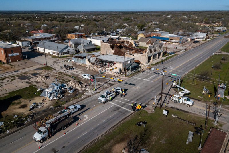 In this image taken with a drone, damage to buildings is visible after a severe thunderstorm on March 23, 2021 in Bertram, Texas. No injuries were reported but a suspected tornado heavily damaged multiple buildings, some of which are over a century old, in downtown Bertram. (Photo by Tamir Kalifa/Getty Images)