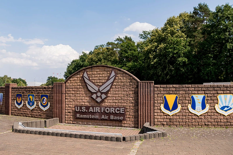 RAMSTEIN-MIESENBACH, GERMANY - JULY 20: The sign at the Westgate of Ramstein air base on July 20, 2020 in Ramstein-Miesenbach, Germany. The governors of the four German states that host a total of 35,000 US troops haver appealed the member of the U.S. Congress to block the possible withdrawal of 9,500 troops. U.S. President Donald Trump announced his intention to withdraw the troops in June. Ramstein air base is one of the biggest U.S. military facilities outside the U.S. (Photo by Alexander Scheuber/Getty Images)