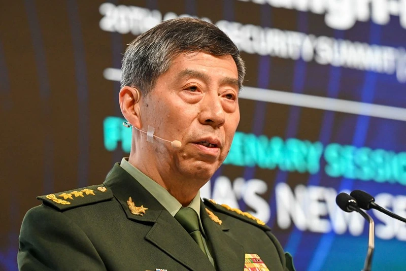 China's Minister of National Defence Li Shangfu delivers a speech during the 20th Shangri-La Dialogue summit in Singapore on June 4, 2023. (Photo by ROSLAN RAHMAN/AFP via Getty Images)