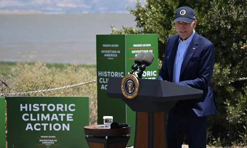 US President Joe Biden delivers remarks on his administration's environmental efforts at the Lucy Evans Baylands Nature Interpretive Center and Preserve in Palo Alto, California, on June 19, 2023. (Photo by ANDREW CABALLERO-REYNOLDS / AFP) (Photo by ANDREW CABALLERO-REYNOLDS/AFP via Getty Images)
