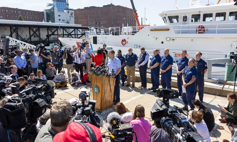 BOSTON, MASSACHUSETTS - JUNE 22: Rear Adm. John Mauger, the First Coast Guard District commander, gives an update on the search efforts for five people aboard a missing submersible approximately 900 miles off Cape Cod, on June 22, 2023 in Boston, Massachusetts. Remnants believed to be of the Titan submersible were found approximately 1,600 feet from the bow of the Titanic on the sea floor, according to the US Coast Guard, and all five occupants are believed to be dead. (Photo by Scott Eisen/Getty Images)