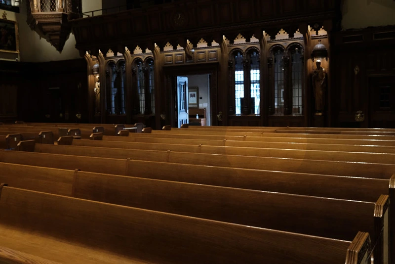 NEW YORK, NEW YORK - NOVEMBER 27: Empty pews are marked for spacing in a Manhattan church on November 27, 2020 in New York City. In a decision which included newly installed Justice Amy Coney Barrett, the Supreme Court has voted to temporarily block rules in New York that severely restrict gatherings at houses of worship in areas hit hardest by Covid-19. The ruling was a win for conservatives on the court. (Photo by Spencer Platt/Getty Images)