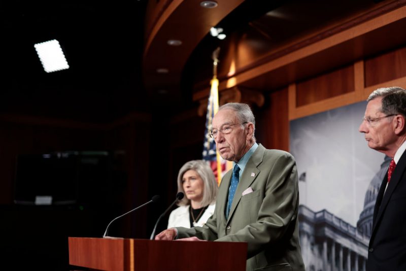 WASHINGTON, DC - MAY 11: Sen. Chuck Grassley (R-IA) gives remarks at a news conference at the U.S. Capitol Building on May 11, 2022 in Washington, DC. Senate Republicans held the news conference to discuss the growing amount of crime throughout the United States due to police reform and what they believe is a lack of involvement from U.S. President Joe Biden's administration. (Photo by Anna Moneymaker/Getty Images)