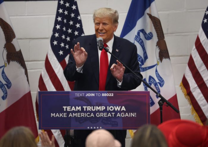 Former President Donald Trump greets supporters at a Team Trump volunteer leadership training event held at the Grimes Community Complex on June 01, 2023 in Grimes, Iowa. Trump delivered an unscripted speech to the crowd at the event before taking several questions from his supporters. (Photo by Scott Olson/Getty Images)