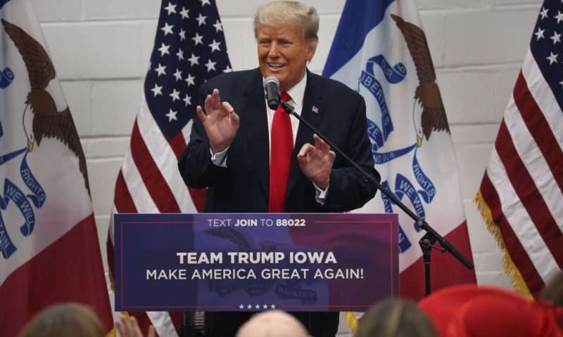 Former President Donald Trump greets supporters at a Team Trump volunteer leadership training event held at the Grimes Community Complex on June 01, 2023 in Grimes, Iowa. Trump delivered an unscripted speech to the crowd at the event before taking several questions from his supporters. (Photo by Scott Olson/Getty Images)