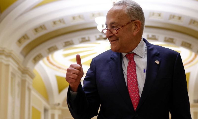 WASHINGTON, DC - JUNE 01: U.S. Senate Majority Leader Chuck Schumer (D-NY) gives a thumbs up as he walks to a press conference after final passage of the Fiscal Responsibility Act at the U.S. Capitol Building on June 01, 2023 in Washington, DC. The legislation passed in the Senate with a bipartisan vote of 63-36, raising the debt ceiling until 2025 and avoiding a federal default. (Photo by Anna Moneymaker/Getty Images)