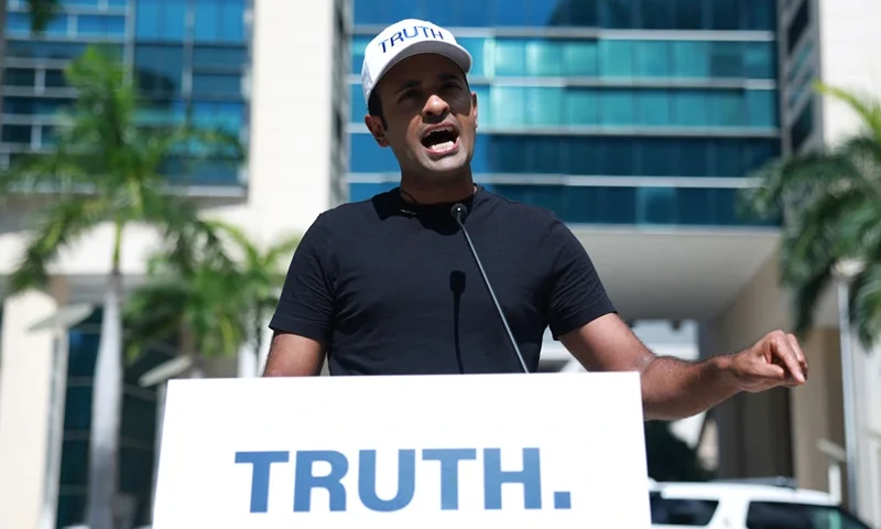 MIAMI, FLORIDA - JUNE 13: Republican presidential candidate Vivek Ramaswamy discusses a FOIA request regarding former President Donald Trump's indictment outside of the Wilkie D. Ferguson Jr. United States Federal Courthouse where Trump is scheduled to be arraigned later in the day on June 13, 2023 in Miami, Florida. Trump is scheduled to appear in the federal court for his arraignment on charges including possession of national security documents after leaving office, obstruction, and making false statements. (Photo by Joe Raedle/Getty Images)