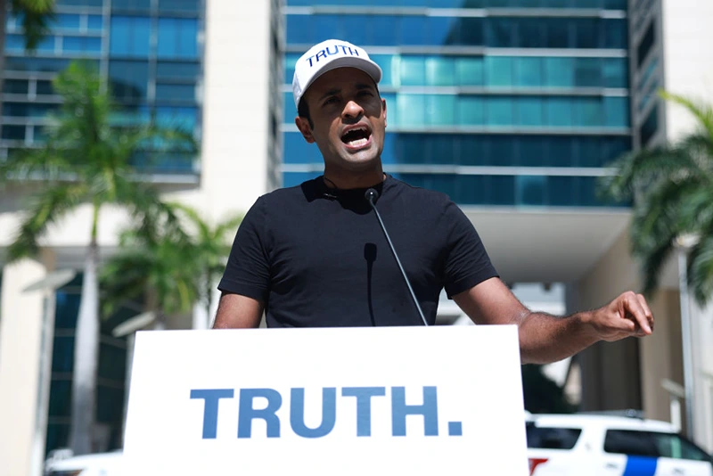 MIAMI, FLORIDA - JUNE 13: Republican presidential candidate Vivek Ramaswamy discusses a FOIA request regarding former President Donald Trump's indictment outside of the Wilkie D. Ferguson Jr. United States Federal Courthouse where Trump is scheduled to be arraigned later in the day on June 13, 2023 in Miami, Florida. Trump is scheduled to appear in the federal court for his arraignment on charges including possession of national security documents after leaving office, obstruction, and making false statements. (Photo by Joe Raedle/Getty Images)