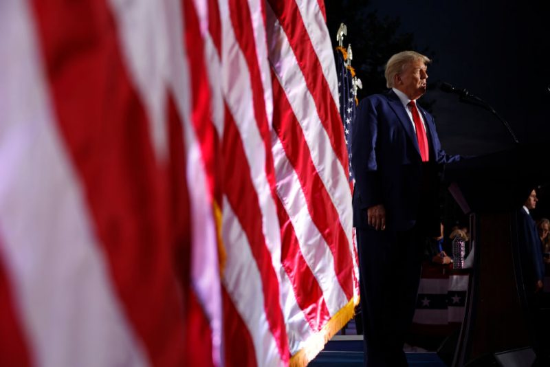 BEDMINSTER, NEW JERSEY - JUNE 13: Former U.S. President Donald Trump delivers remarks outside the clubhouse at the Trump National Golf Club on June 13, 2023 in Bedminster, New Jersey. Earlier in the day, Trump was arraigned in federal court in Miami on 37 felony charges, including illegally retaining defense secrets and obstructing the government’s efforts to reclaim the classified documents. (Photo by Chip Somodevilla/Getty Images)