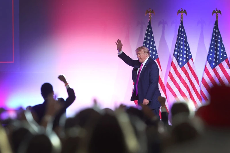 NOVI, MICHIGAN - JUNE 25: Former President Donald Trump walks off after finishing a speech at the Oakland County Republican Party's Lincoln Day dinner at Suburban Collection Showplace on June 25, 2023 in Novi, Michigan. Local Republicans were to present Trump with a "Man of the Decade" award at the event, which was expected to draw 2,500 people in his first visit to Michigan since launching his 2024 presidential bid. (Photo by Scott Olson/Getty Images)