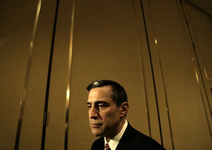 US Congressman for the Republican Party Darrell Issa prepares to enter the stage to deliver his speech during a dinner in his honor at the California Republican Party Convention in Los Angeles, 12 September 2003. Issa, also a wealthy businessman from the San Diego area gained notoriety when he organized the movement to recall the Governor of California, Democrat Gray Davis. He successfully collected 1.6 million signatures for the recall exceeding the aproximate 900,000 required by law, spending some two million dollars of his own money in the process analists said. After the recall was approved by legislators, Issa launched his campaign for Governor, dropping it later after some pressure from his party. The recall election is scheduled for October 07 in which Californian will have to choose their governor among more than one hundred candidates. AFP PHOTO / HECTOR MATA (Photo credit should read HECTOR MATA/AFP via Getty Images)