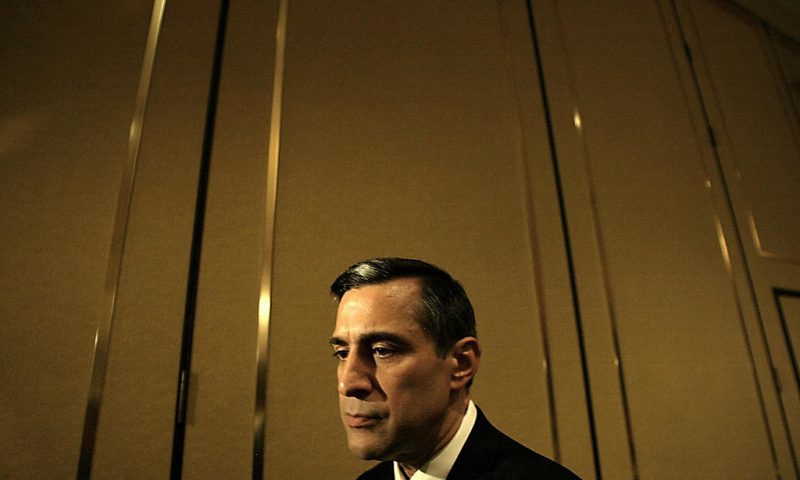 US Congressman for the Republican Party Darrell Issa prepares to enter the stage to deliver his speech during a dinner in his honor at the California Republican Party Convention in Los Angeles, 12 September 2003. Issa, also a wealthy businessman from the San Diego area gained notoriety when he organized the movement to recall the Governor of California, Democrat Gray Davis. He successfully collected 1.6 million signatures for the recall exceeding the aproximate 900,000 required by law, spending some two million dollars of his own money in the process analists said. After the recall was approved by legislators, Issa launched his campaign for Governor, dropping it later after some pressure from his party. The recall election is scheduled for October 07 in which Californian will have to choose their governor among more than one hundred candidates. AFP PHOTO / HECTOR MATA (Photo credit should read HECTOR MATA/AFP via Getty Images)