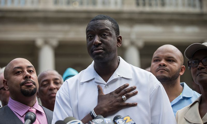 NEW YORK, NY - JUNE 27: (L-R) Raymond Santana, Yusef Salaam and Kevin Richardson, three of the five men wrongfully convicted of raping a woman in Central Park in 1989, speak at a press conference on city halls' steps after it was announced that the men, known as the "Central Park Five," had settled with New York City for approximately $40 million dollars on June 27, 2014 in New York City. All five men spent time in jail, until their convictions were overturned in 2002 after being proven innocent. (Photo by Andrew Burton/Getty Images)