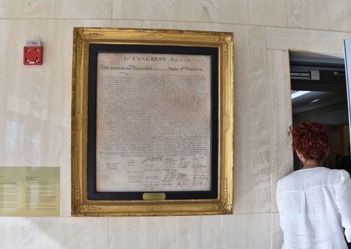 A copy of the United States' Declaration of Independence hangs on a wall at the US embassy in Havana -- the former US Interest Section -- on August 7, 2015. Last month, President Barack Obama unveiled a breakthrough deal with Cuba to reopen embassies in Washington and Havana, in a major step toward ending decades of Cold war enmity. US Secretary of State John Kerry prepares to visit the island nation on August 14th to officially reopen the US embassy and fly the American flag over the building for the first time since January 3, 1961. AFP PHOTO / ADALBERTO ROQUE (Photo credit should read ADALBERTO ROQUE/AFP via Getty Images)