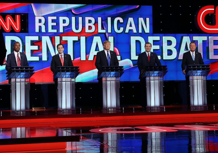 HOUSTON, TX - FEBRUARY 25: Republican presidential candidates Ben Carson, Florida Sen. Marco Rubio (R-FL), Donald Trump, Texas Sen. Ted Cruz (R-TX) and Ohio Gov. John Kasich (L-R) stand on stage for the Republican National Committee Presidential Primary Debate at the University of Houston's Moores School of Music Opera House on February 25, 2016 in Houston, Texas. The candidates are meeting for the last Republican debate before the Super Tuesday primaries on March 1. (Photo by Joe Raedle/Getty Images)