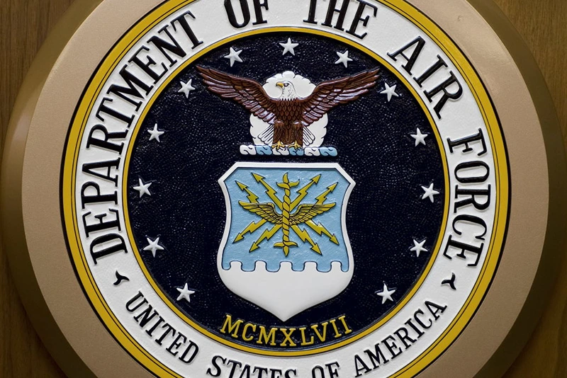The Department of the Air Force seal hangs on the wall February 24, 2009, at the Pentagon in Washington,DC. AFP Photo/Paul J. Richards / AFP PHOTO / Paul J. RICHARDS (Photo credit should read PAUL J. RICHARDS/AFP via Getty Images)