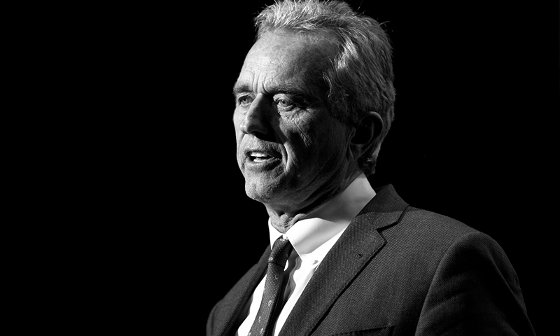 Image has been converted to black and white. Robert F. Kennedy, Jr. speaks on stage at "Keep It Clean" To Benefit Waterkeeper Alliance at Avalon on April 20, 2017 in Hollywood, California.