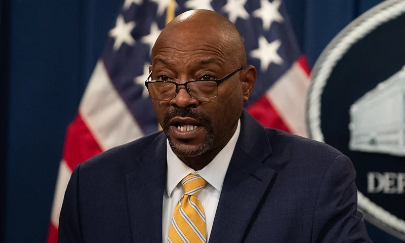 US Acting Director of the US Immigration and Customs Enforcement, Tae Johnson, speaks about Operation Dark HunTor, a joint criminal opioid and darknet enforcement operation, during a press conference at the US Department of Justice in Washington, DC, on October 26, 2021. - Police around the world arrested 150 suspects, including several high-profile targets, involved in buying or selling illegal goods online in one of the largest-ever stings targeting the dark web, Europol said. HunTOR also recovered millions of euros in cash and bitcoin, as well as drugs and guns. (Photo by ROBERTO SCHMIDT / AFP) (Photo by ROBERTO SCHMIDT/AFP via Getty Images)