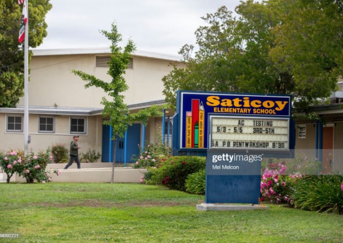 An LGBTQ flag was burned at Saticoy Elementary School in North Hollywood and police are now investigating it as a possible hate crime. Before it was burned, the small flag was displayed in a planter outside of a classroom at the school. This crime comes as the school plans to hold a Pride Day assembly on Friday. (Mel Melcon / Los Angeles Times via Getty Images)