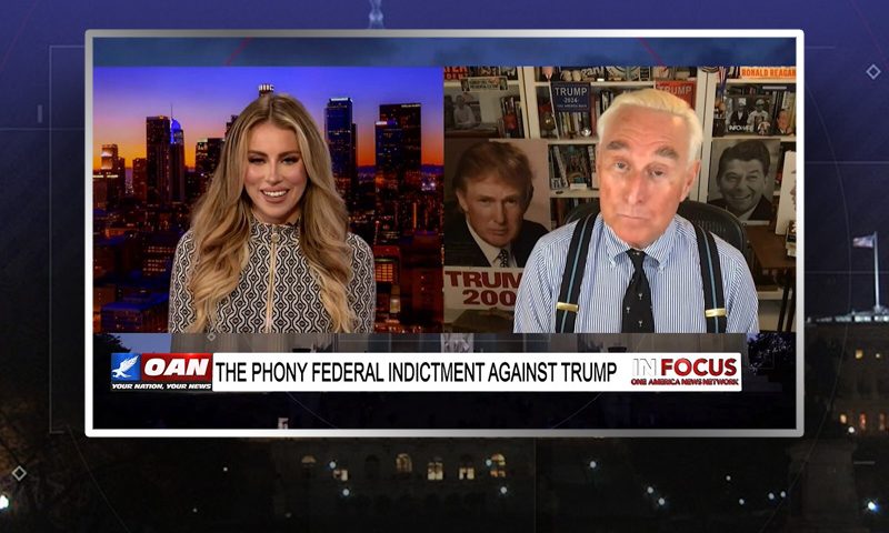 Video still from Roger Stone's interview with In Focus on One America News Network