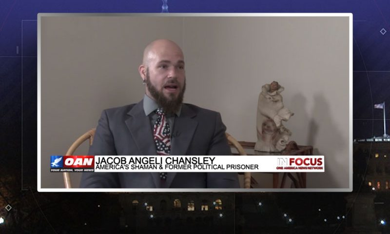 Video still from Jacob Chansley's interview with In Focus on One America News Network