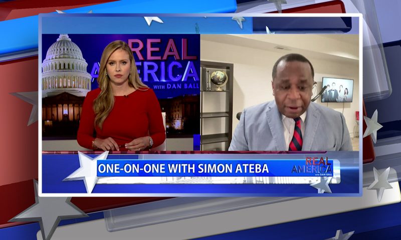 Video still from Simon Ateba's interview with Real America on One America News Network