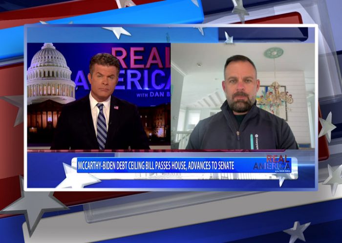Video still from Cory Mills' interview with Real America on One America News Network