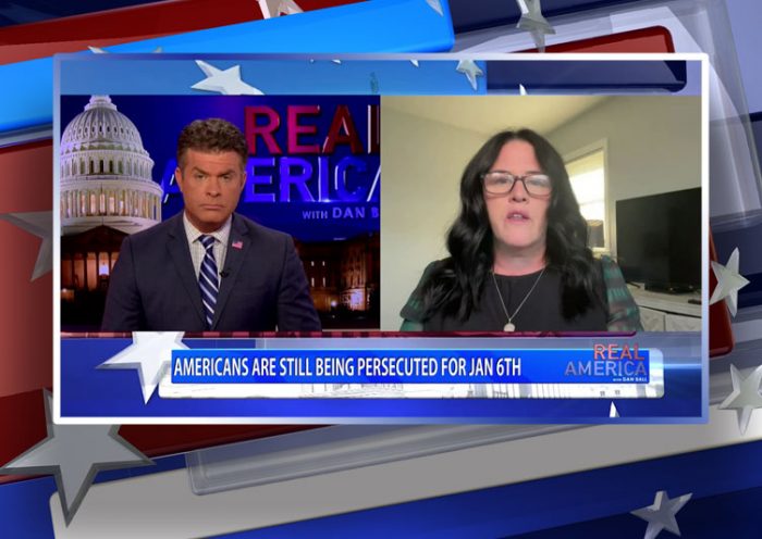 Video still from Cynthia Hughes' interview with Real America on One America News Network