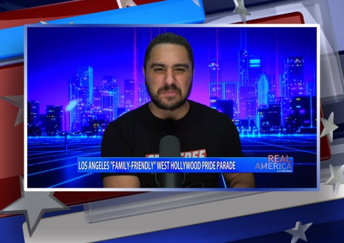 Video still from Drew Hernandez's interview with Real America on One America News Network