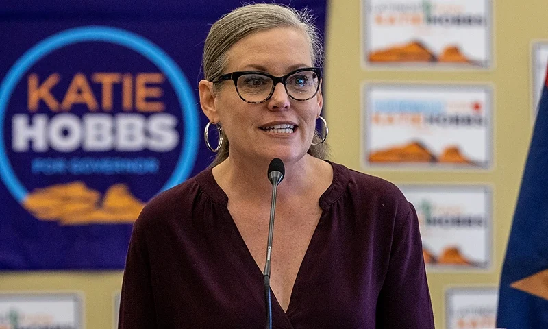 TUCSON, ARIZONA - NOVEMBER 06: Democratic candidate for Arizona governor Katie Hobbs speaks to supporters at a campaign rally on November 06, 2022 in Tucson, Arizona. With two days remaining before the midterm election, Hobbs is in a tight race with Trump-endorsed Republican candidate Kari Lake. (Photo by John Moore/Getty Images)