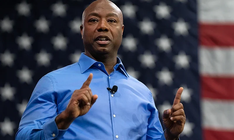 NORTH CHARLESTON, SOUTH CAROLINA - MAY 22: U.S. Senator Tim Scott (R-SC) announces his run for the 2024 Republican presidential nomination at a campaign event on May 22, 2023 in North Charleston, South Carolina. Scott, who is the ranking member of the Senate Banking, Housing, and Urban Affairs Committee, joins 5 other Republicans currently running in the 2024 Presidential race. (Photo by Allison Joyce/Getty Images)