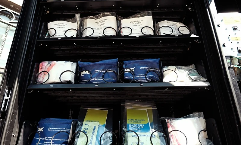 NEW YORK, NEW YORK - JUNE 05: Some of the items are displayed in a new vending machine in Brooklyn that will disperse fentanyl test strips and naloxone as well as hygiene kits, maxi pads, Vitamin C, and COVID-19 tests for free on June 05, 2023 in New York City. Operated jointly by Services for the UnderServed (S:US) and the city Health Department, the vending machine will only ask for a zip code before letting customers choose free items 24 hours a day. New York City plans to place more free public health vending machines in other neighborhoods shortly. (Photo by Spencer Platt/Getty Images)