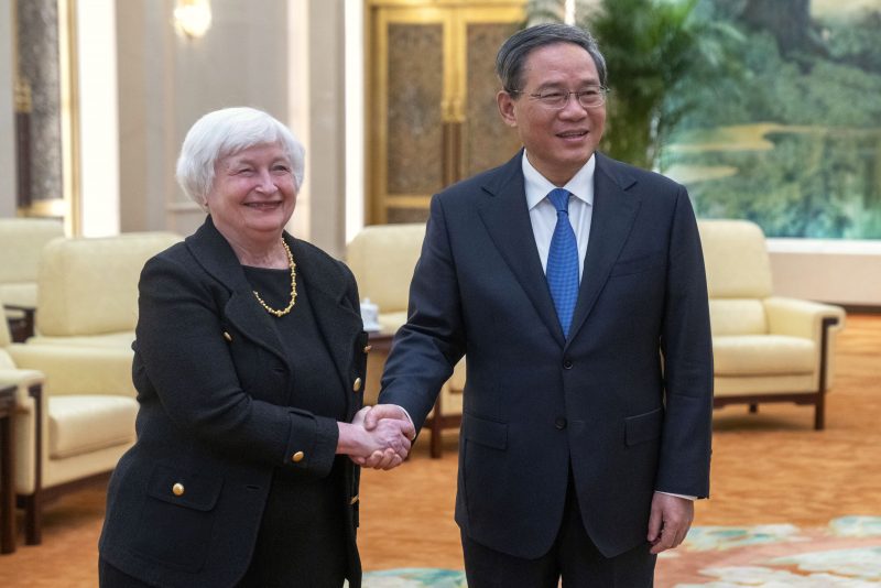 Chinese Premier Li Qiang, right, shakes hands with Treasury Secretary Janet Yellen, left, during a meeting at the Great Hall of the People in Beijing, China, Friday, July 7, 2023. (AP Photo/Mark Schiefelbein, Pool)