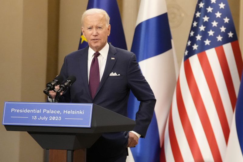 U.S. President Joe Biden attends a press conference in Helsinki, Finland, Thursday, July 13, 2023. Biden is in Finland to attend the US–Nordic Leaders' Summit. (AP Photo/Sergei Grits)